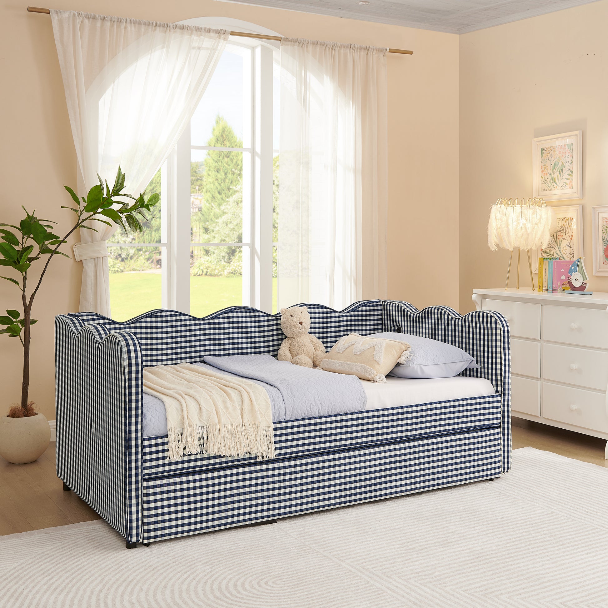 Cozy Gingham Daybed with Trundle Twin Size Sofa Bed No Box Spring Needed, with USB Port and Adorable Wave Shaped, Linen Fabric, Navy image 6