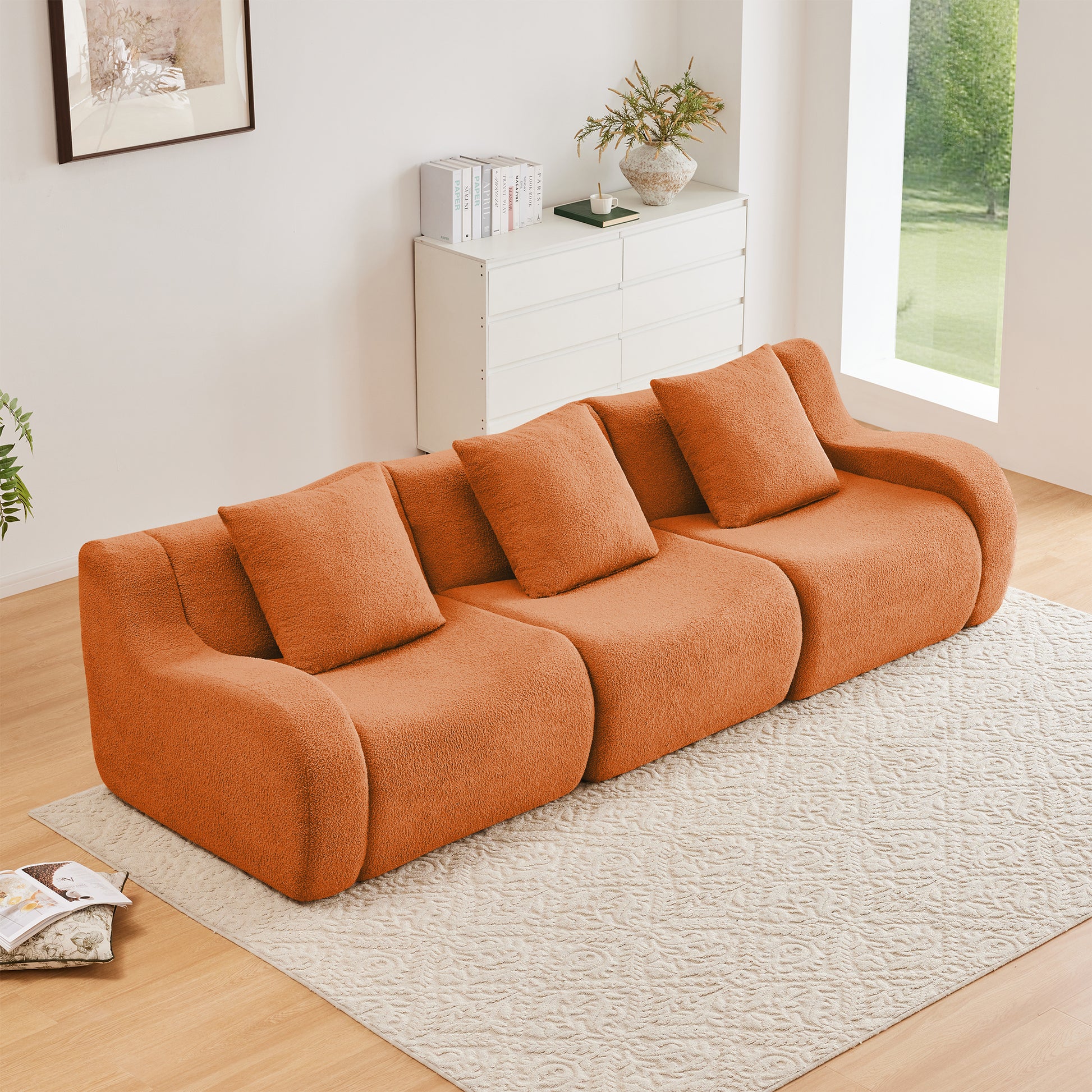 Boneless Sofa,3 Seat High-Quality Teddy Fabric,Anti-Slip Design,No Assembly Curved Armrests Streamlined,32D High Density Sponge For Living Rooms Bedrooms Reading Nook,Orange image 2