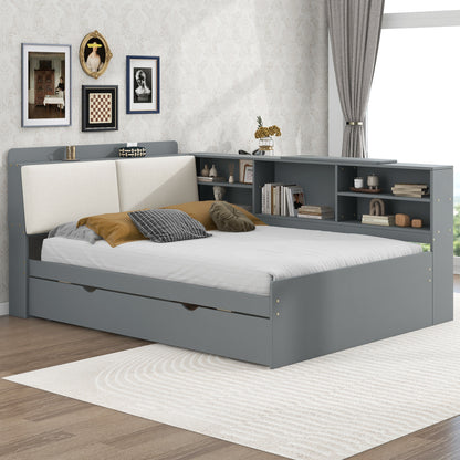 Wood Full Size platform bed with Trundle, Shelves and Storage Headboard, Gray image 3