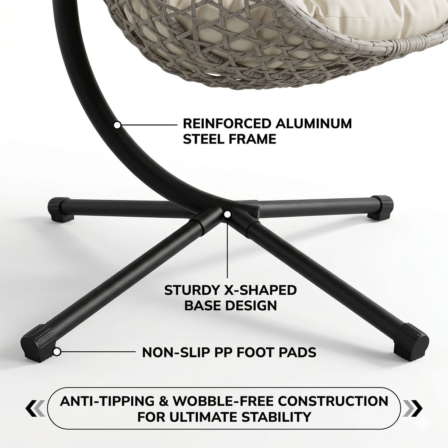 Folding PE Rattan Hanging Egg Chair with Stand, Gray Indoor Outdoor Hammock Swing Basket Chair, Aluminum Steel Frame for Patio Balcony Backyard Bedroom image 7