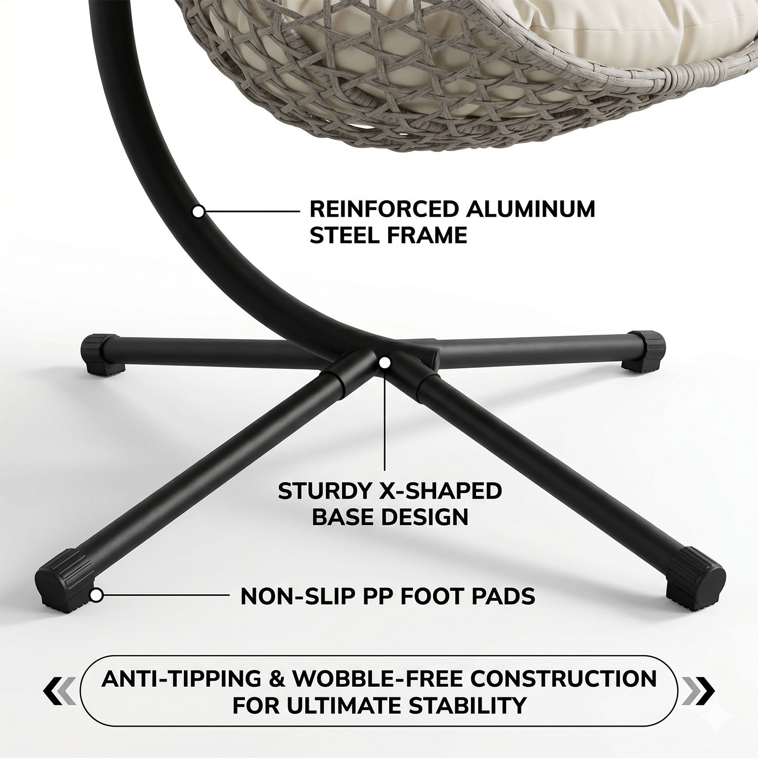 Folding PE Rattan Hanging Egg Chair with Stand, Gray Indoor Outdoor Hammock Swing Basket Chair, Aluminum Steel Frame for Patio Balcony Backyard Bedroom image 7