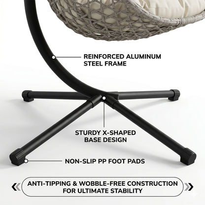 Folding PE Rattan Hanging Egg Chair with Stand, Gray Indoor Outdoor Hammock Swing Basket Chair, Aluminum Steel Frame for Patio Balcony Backyard Bedroom image 7