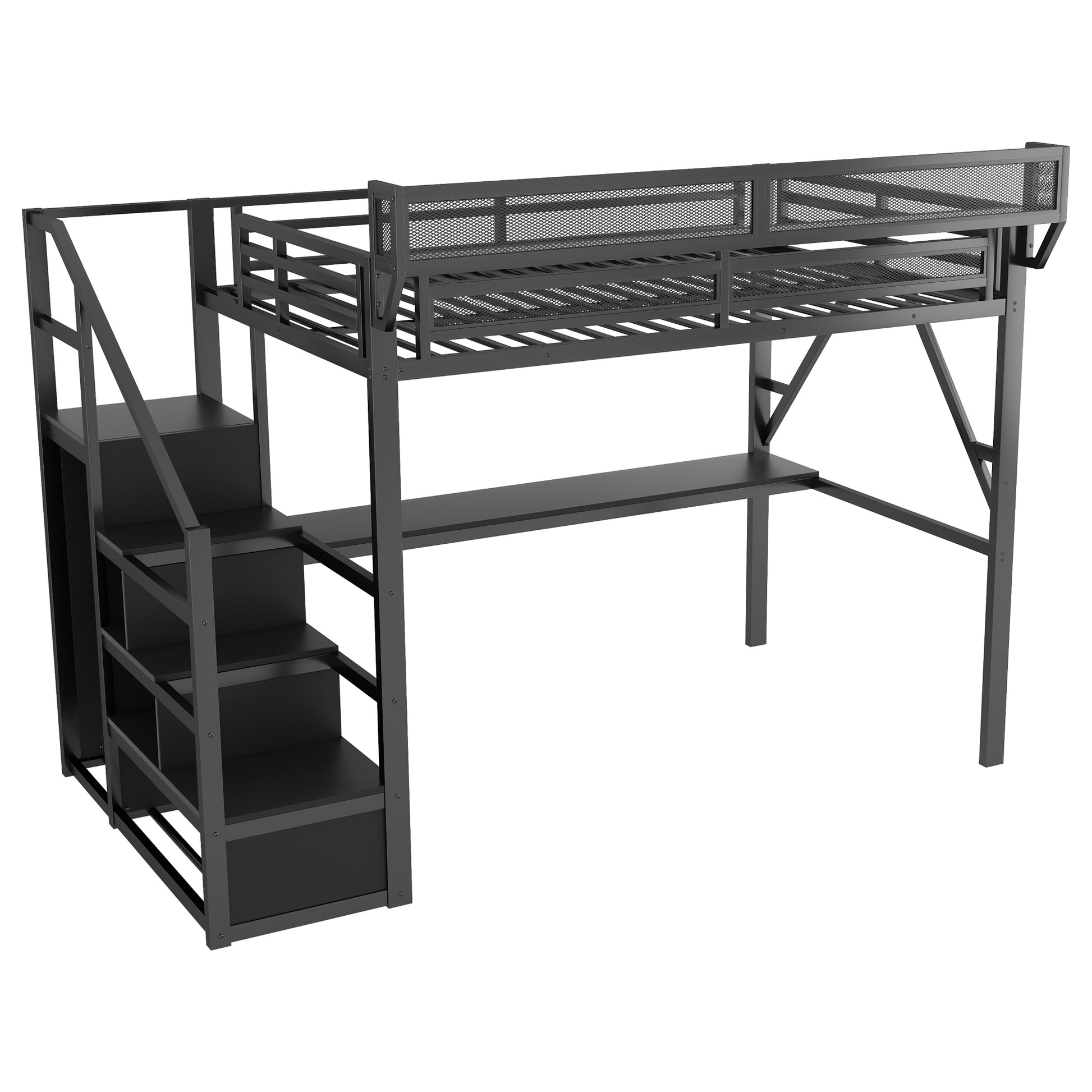 Full Loft Bed with Desk and Charging Station, Full Size Metal Loft Bed with Stairs and Light for Kids Teens, Black(Old SKU W2580S00077) image 12