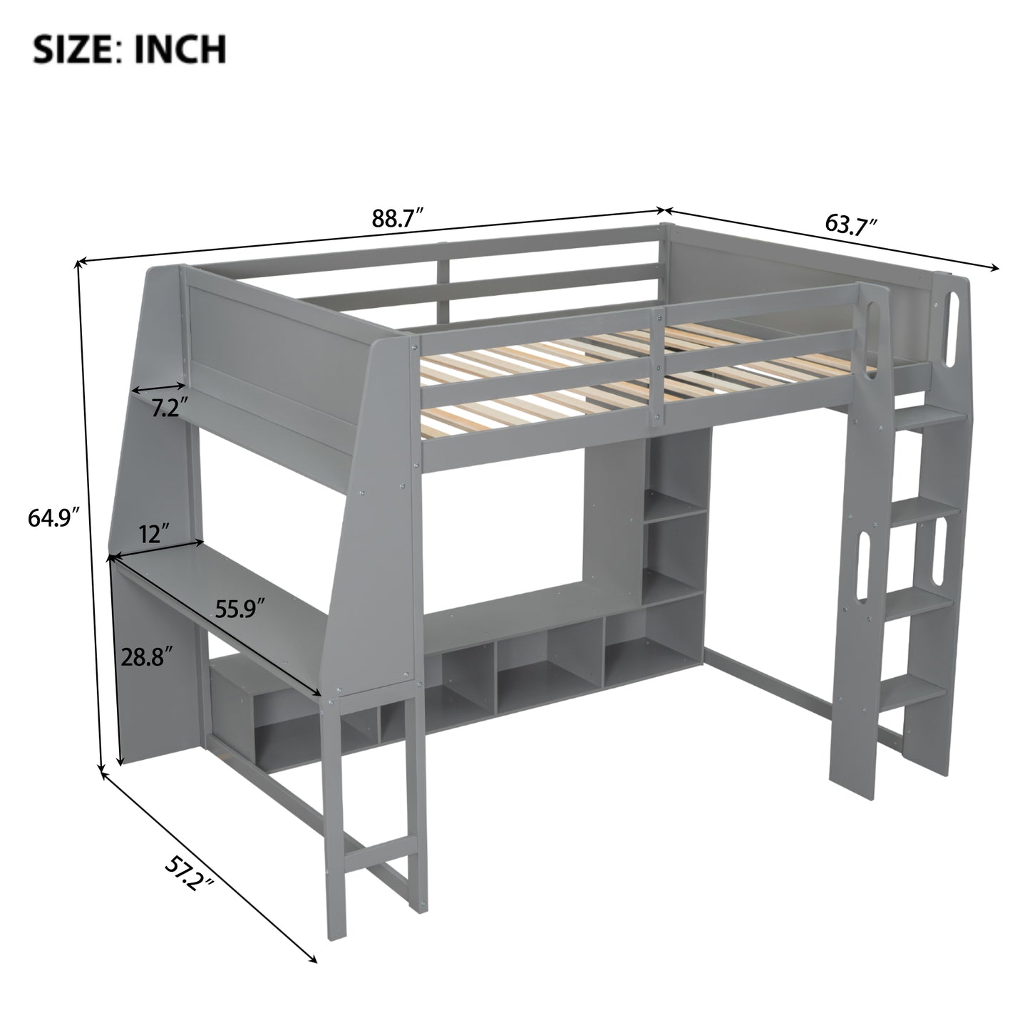 Wood Full Size Gaming Loft Bed with Desk, Multi-storage Shelves, LED and a Hanging Clothes Rack, Gray(Old SKU:N7090001042E) image 10