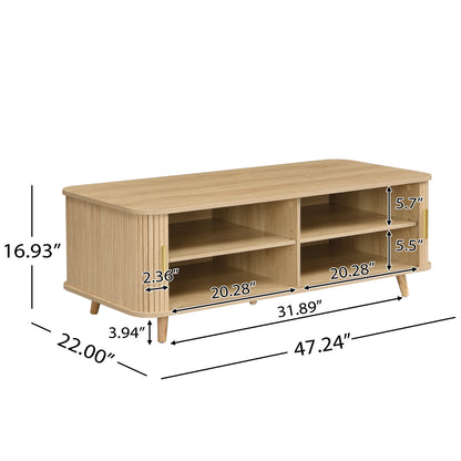 Modern Mid-Century Coffee Table with Storage: Natural Wood Finish, 4 Open Shelves & 2 Doors, For Living Room, Entertainment Center, Home Theater image 2