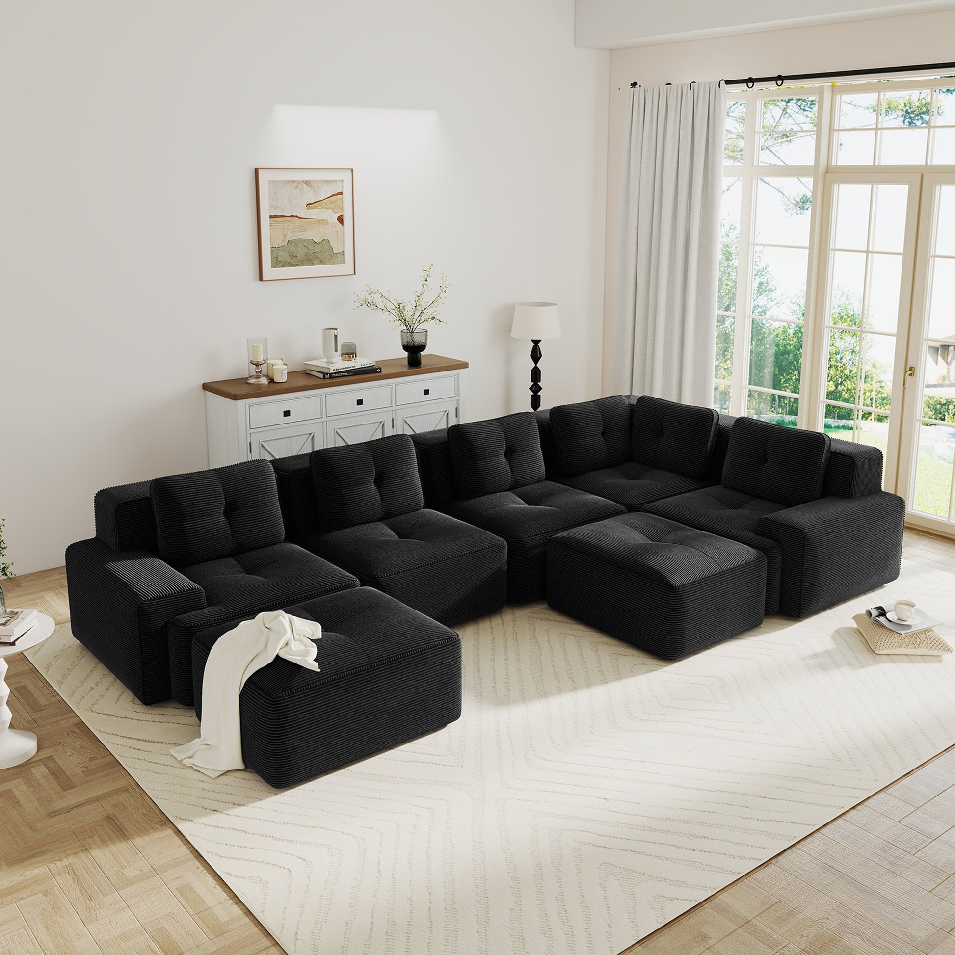 Modular Sectional Sofa with 5-Seater,V Shaped Corner Couch,Corduroy Fabric,2 Movable Ottomans, Deep Seat for Living Room, Pearl-like piping, Tufted Design, No Assembly, Anti-slip Design,Black image 3