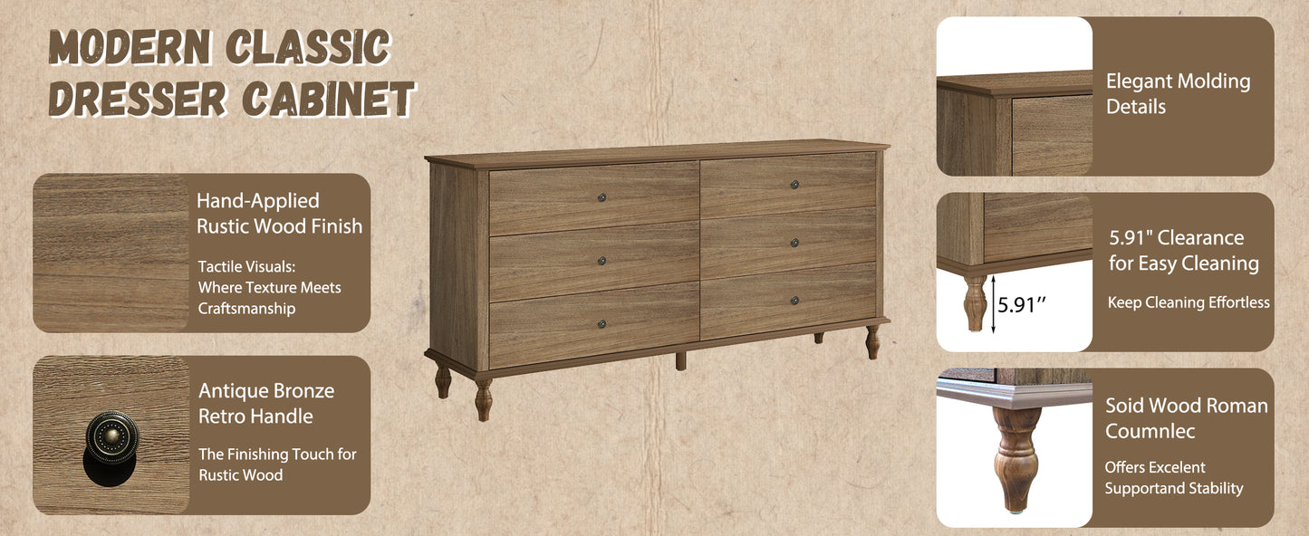 6-Drawer Double Wide Wood Dresser for Bedroom, Light Brown Burnt Wood Finish Storage Chest with Self-Closing Slides, Metal Copper Handles, Solid Wood Roman Column Legs, Anti-Tip Kit Included image 8