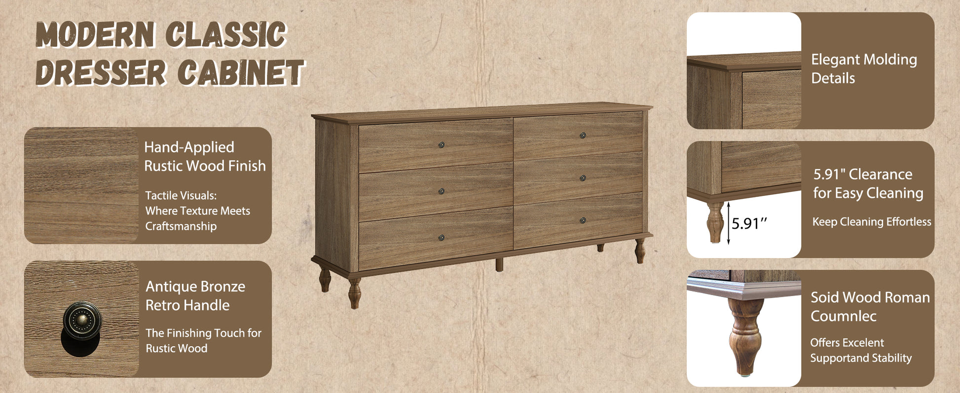 6-Drawer Double Wide Wood Dresser for Bedroom, Light Brown Burnt Wood Finish Storage Chest with Self-Closing Slides, Metal Copper Handles, Solid Wood Roman Column Legs, Anti-Tip Kit Included image 8