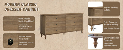6-Drawer Double Wide Wood Dresser for Bedroom, Light Brown Burnt Wood Finish Storage Chest with Self-Closing Slides, Metal Copper Handles, Solid Wood Roman Column Legs, Anti-Tip Kit Included image 8