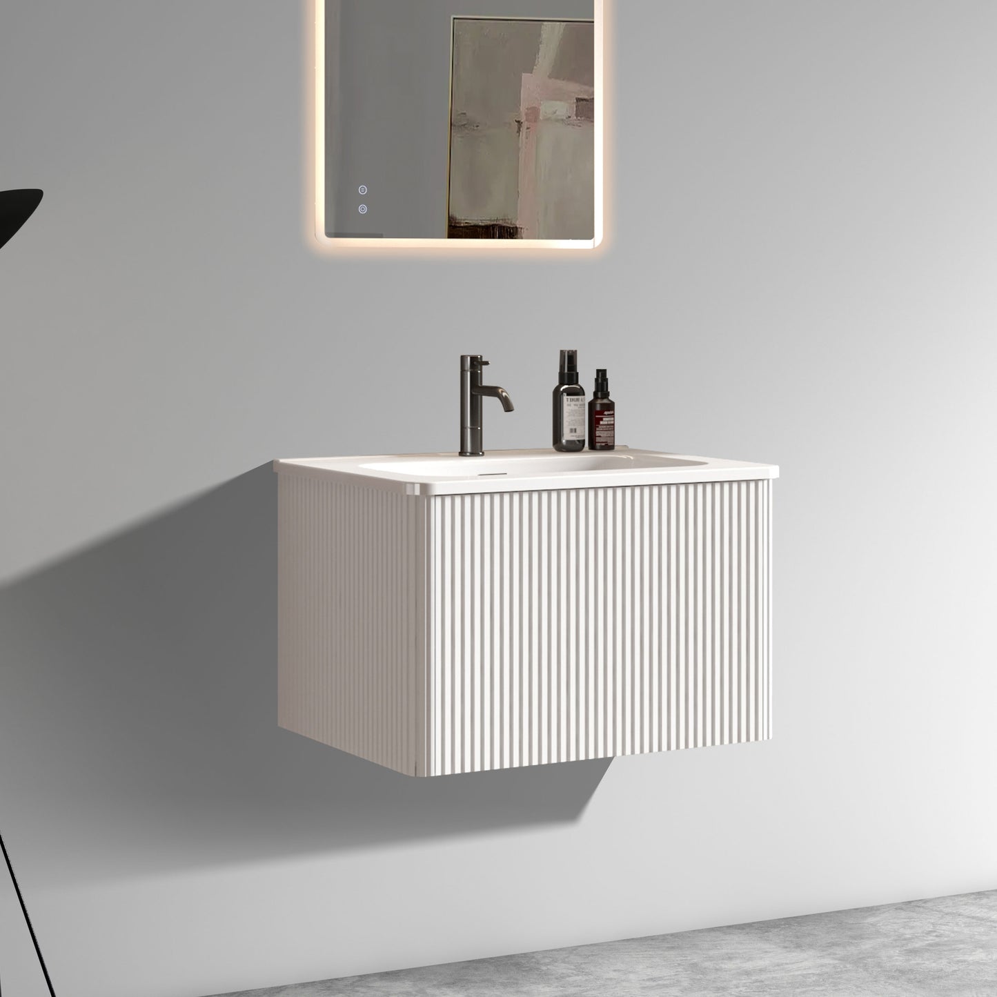 U059-Etna24W-301 Etna 24" Striped Soft White Bathroom Vanity with White Ceramic Sink, Wall Mounted Floating Bathroom Vanity for Modern Bathroom, One-Piece White Sink Basin without Drain, Pre-assembled image 2
