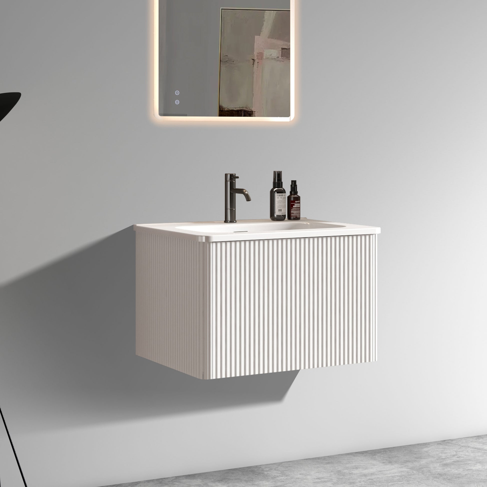 U059-Etna24W-301 Etna 24" Striped Soft White Bathroom Vanity with White Ceramic Sink, Wall Mounted Floating Bathroom Vanity for Modern Bathroom, One-Piece White Sink Basin without Drain, Pre-assembled image 2