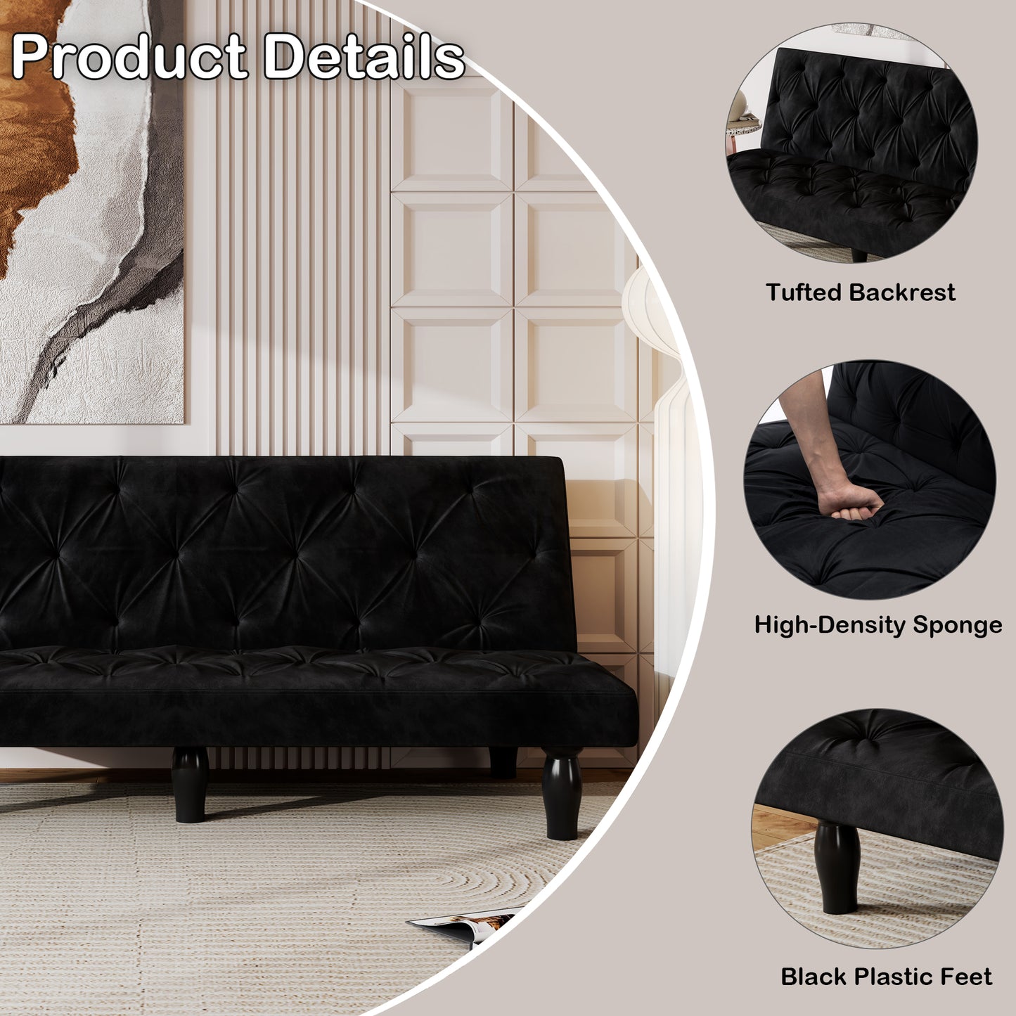Sofa-to-Bed Evolution: 66" Black Velvet Sofa Bed Transforms Seamlessly, Ideal for Family Living Rooms, Apartments, and Bedrooms image 4