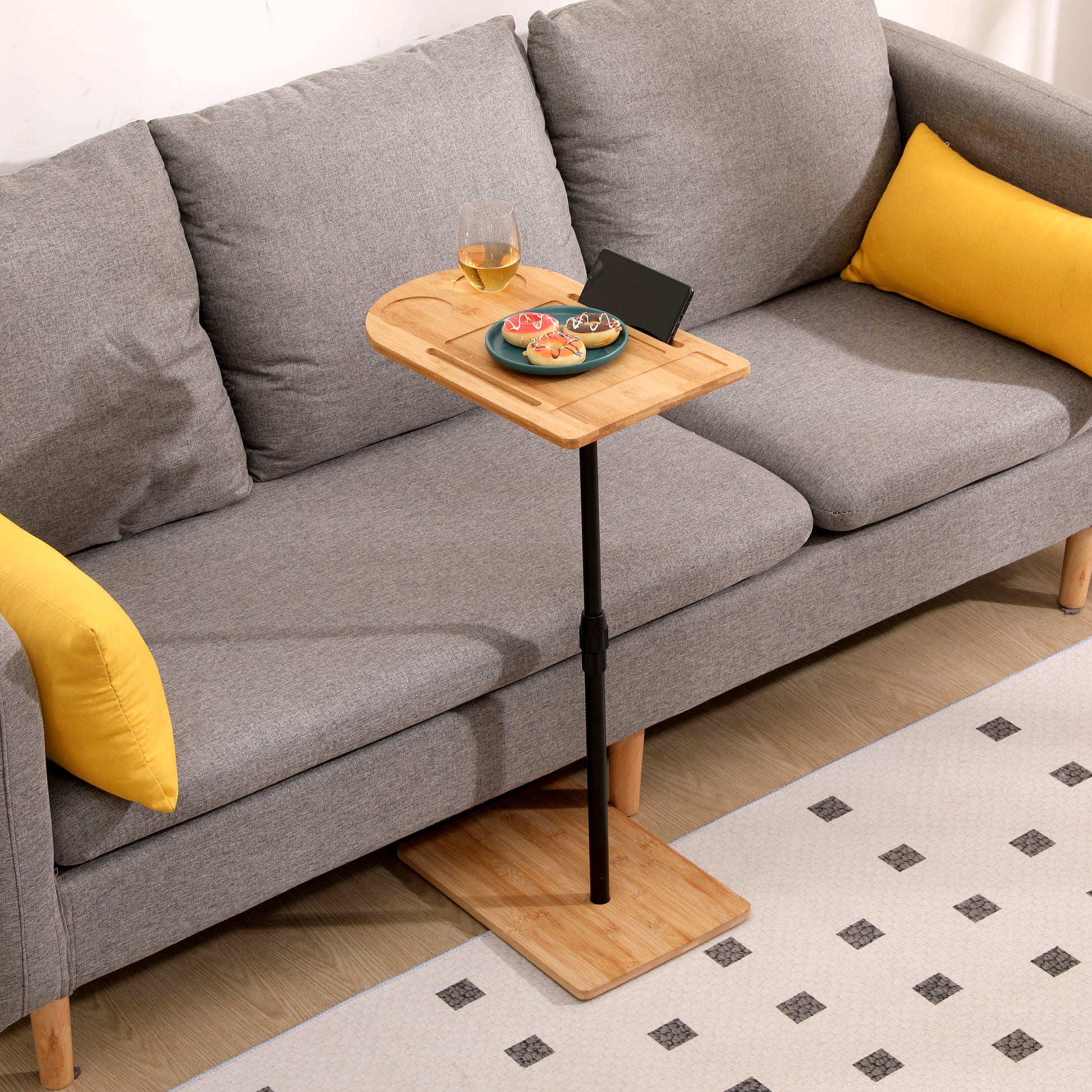Couch Tray Table Bamboo Height Adjustable Side Table for Sofa C-shaped Oval End Tables with Slots for Bed & Chairs in Living Room & Bedroom (Oval + Rectangle) image 7