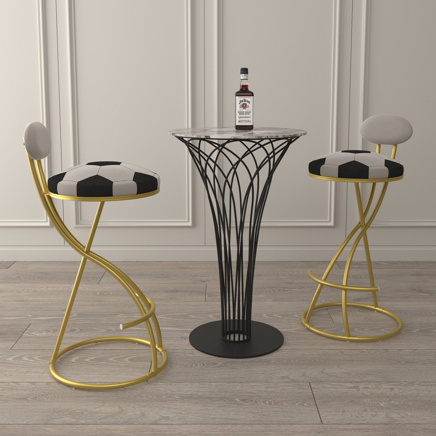 Football Print Bar Stools Set of 2 Upholstered Counter Height Barstool for Kitchen Island S-shaped Velvet Metal Dining Chairs (Gold Frame & Creamy White Back) image 1