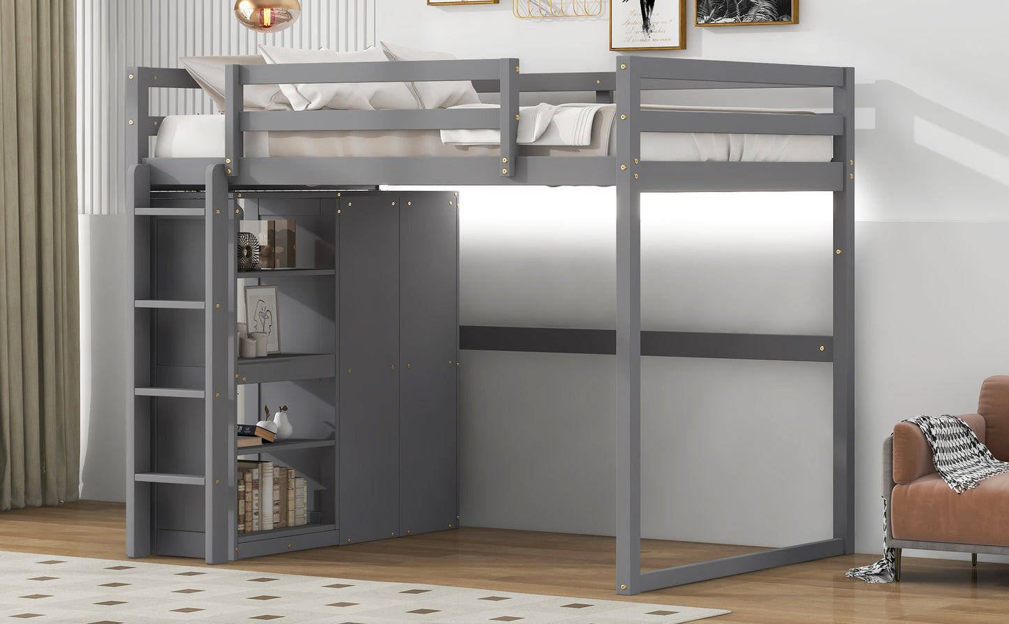 Wood Full Size Loft Bed with Built-in Wardrobe and Storage Shelves, Led light, Gray image 10