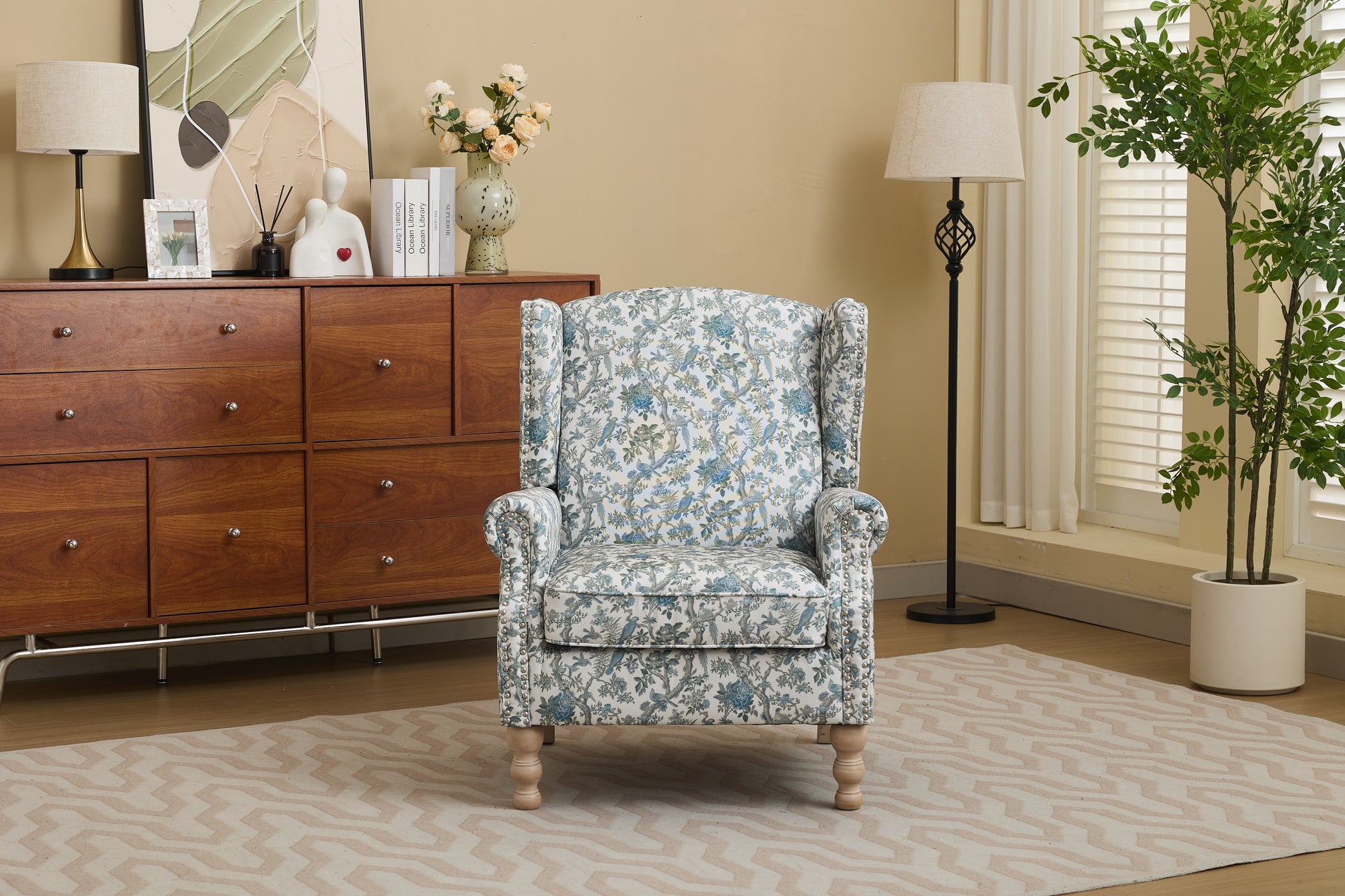 Modern Accent Chair with Retro Wood Legs, Comfy Upholstered Armchair, Floral Design Single Sofa Chair for Living Room Bedroom Office - Blue Bird image 2