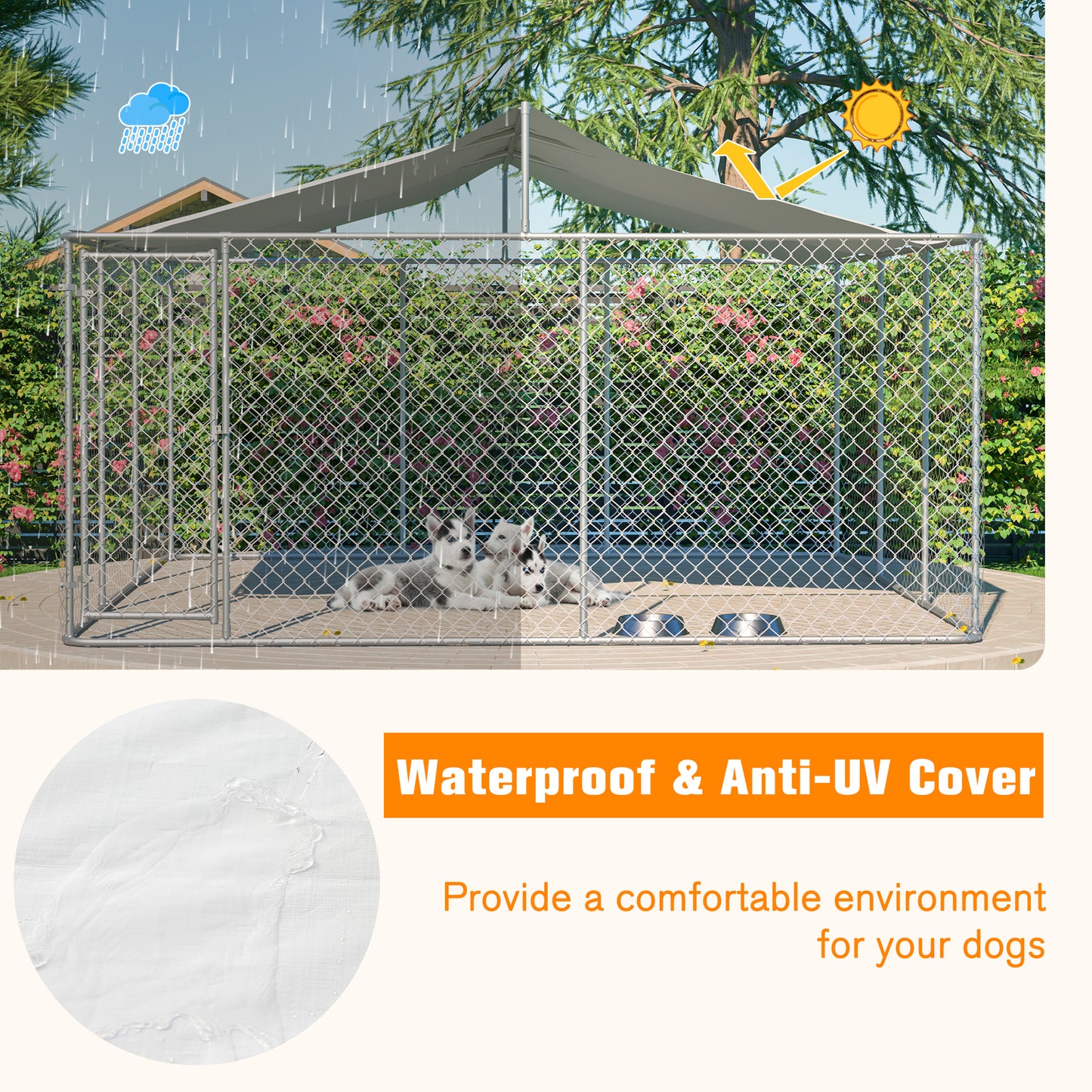 Heavy Duty Outdoor Dog Kennel 14.8x14.8x7.6 ft, Galvanized Chain Link Playpen with Waterproof Anti-UV Cover, Secure Lock, Large Exercise Pen for Puppy & Pets image 5