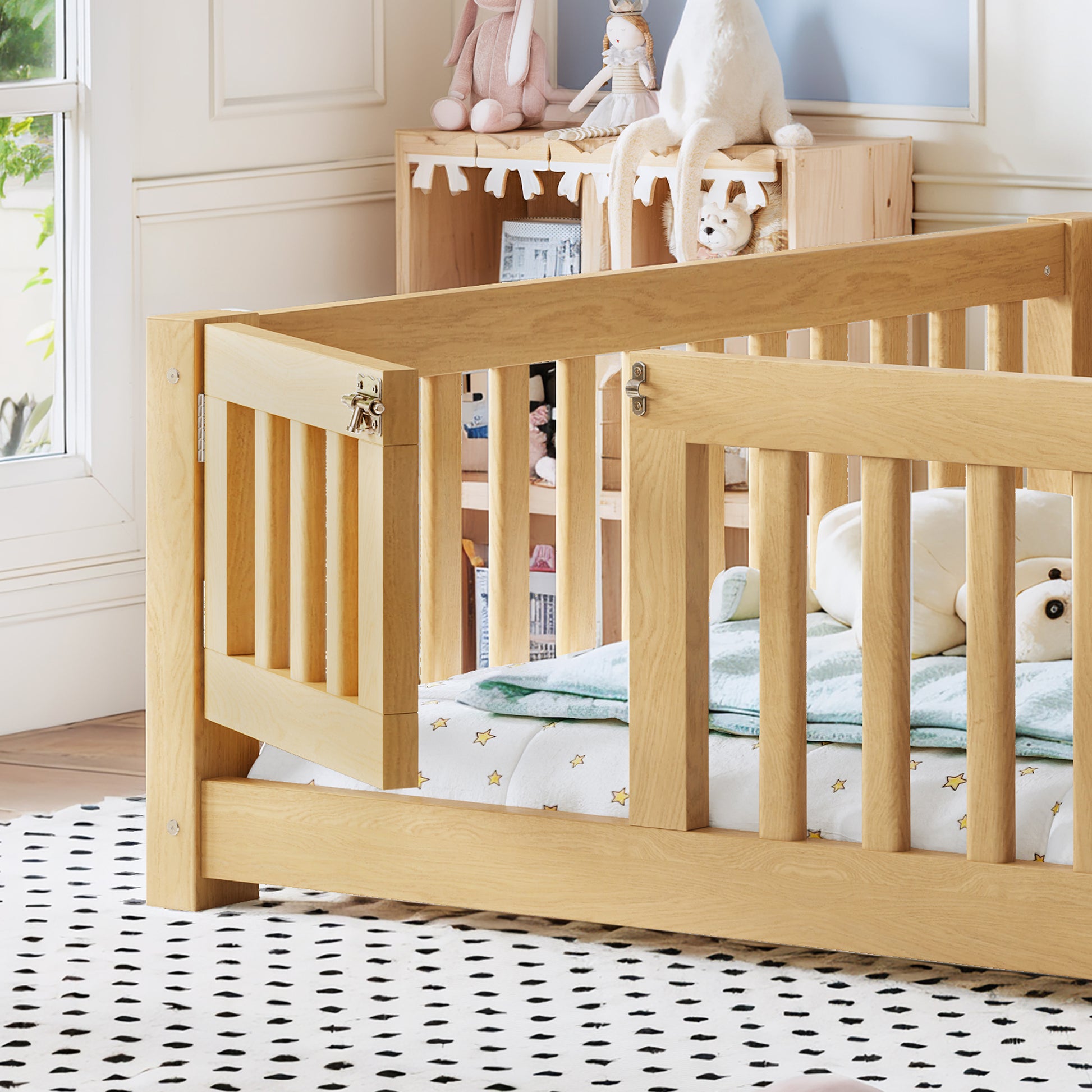 Full Size Bed Floor Bed with Safety Guardrails and Door for Kids, Natural image 4