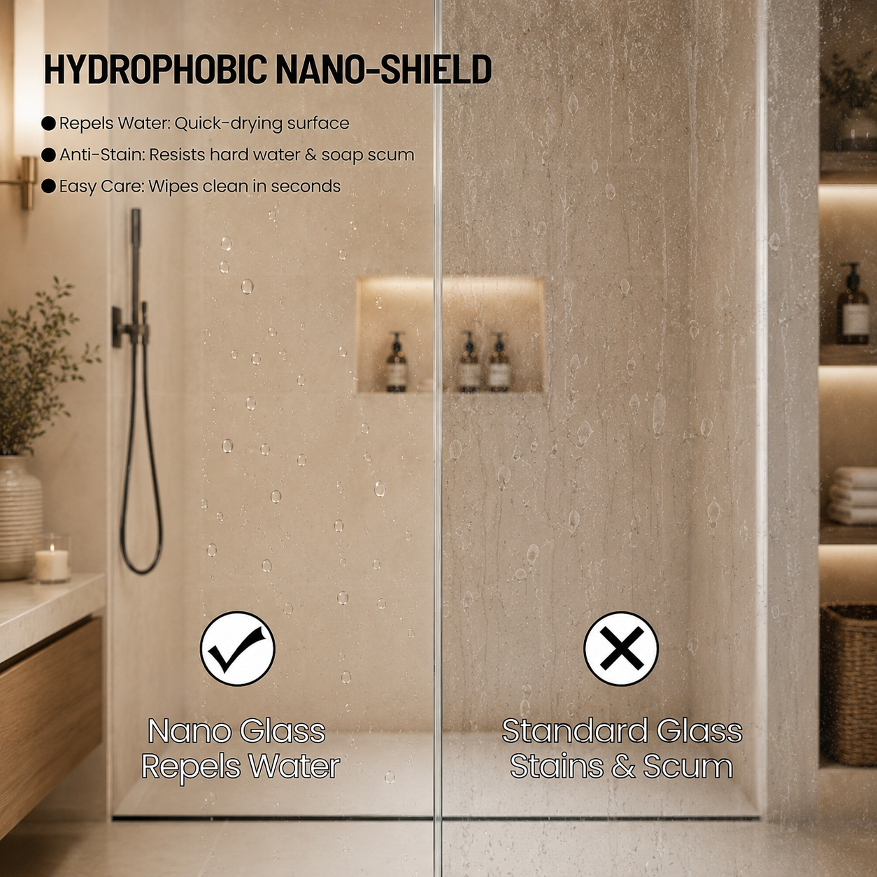 56-60" W x 76" H Frameless Sliding Shower Door, 1/4" (6mm) Clear Tempered Glass with Safety Film and Nano Coating, Stainless Steel Round Rail, Matte Black image 3