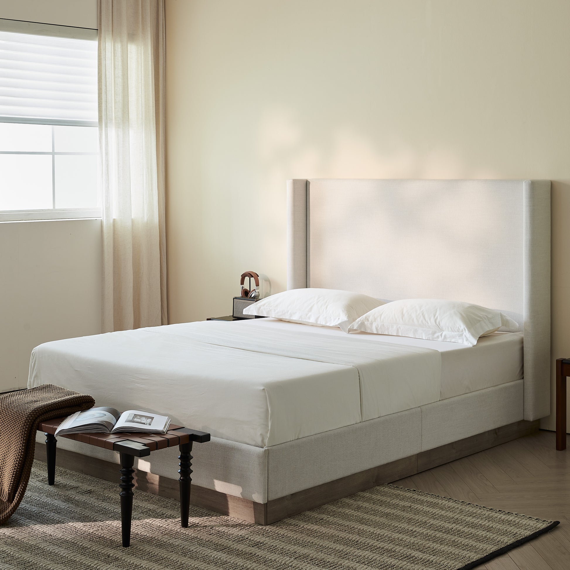 Hosford Upholstered Wingback Bed / Upholstered Wood Base Platform Bed / 52.5" High Headboard / Minimalist / Rusticity / No Box Spring Needed / Queen / Textured Ivory Canvas / No Noise image 4