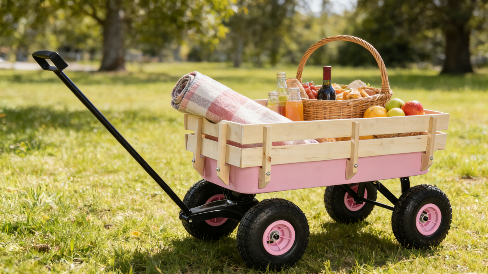 Outdoor Wagon All Terrain Pulling w/Wood Railing Air Tires Garden Cart image 3