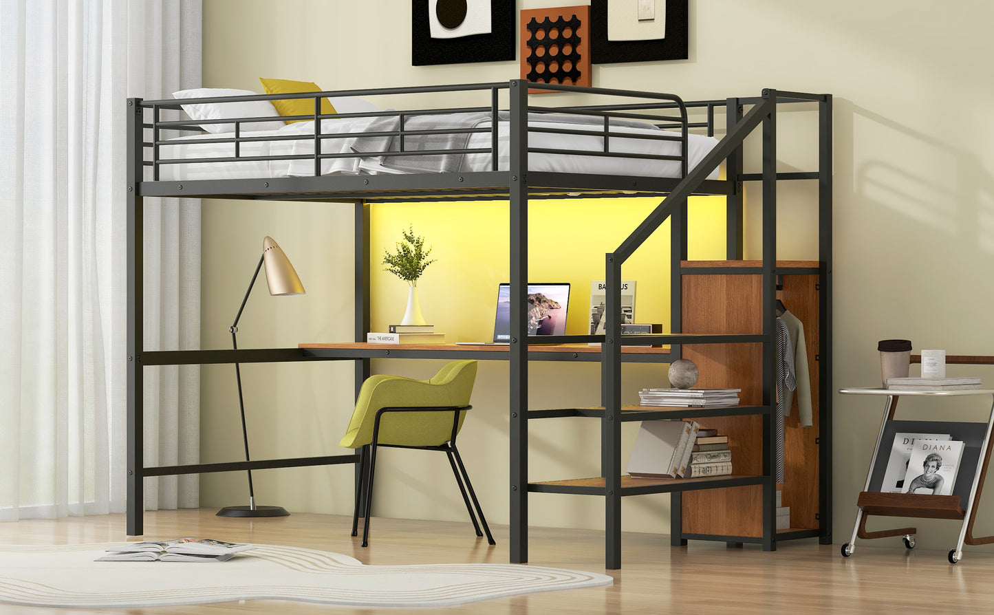 Full Size Metal Loft Bed with Desk, Storage Staircase, Small Wardrobe and LED Light,Black image 9