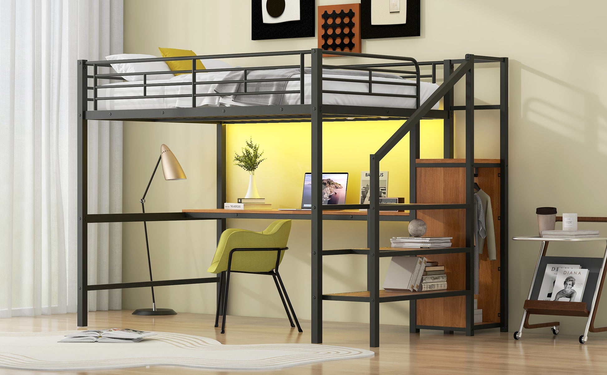 Full Size Metal Loft Bed with Desk, Storage Staircase, Small Wardrobe and LED Light,Black image 9