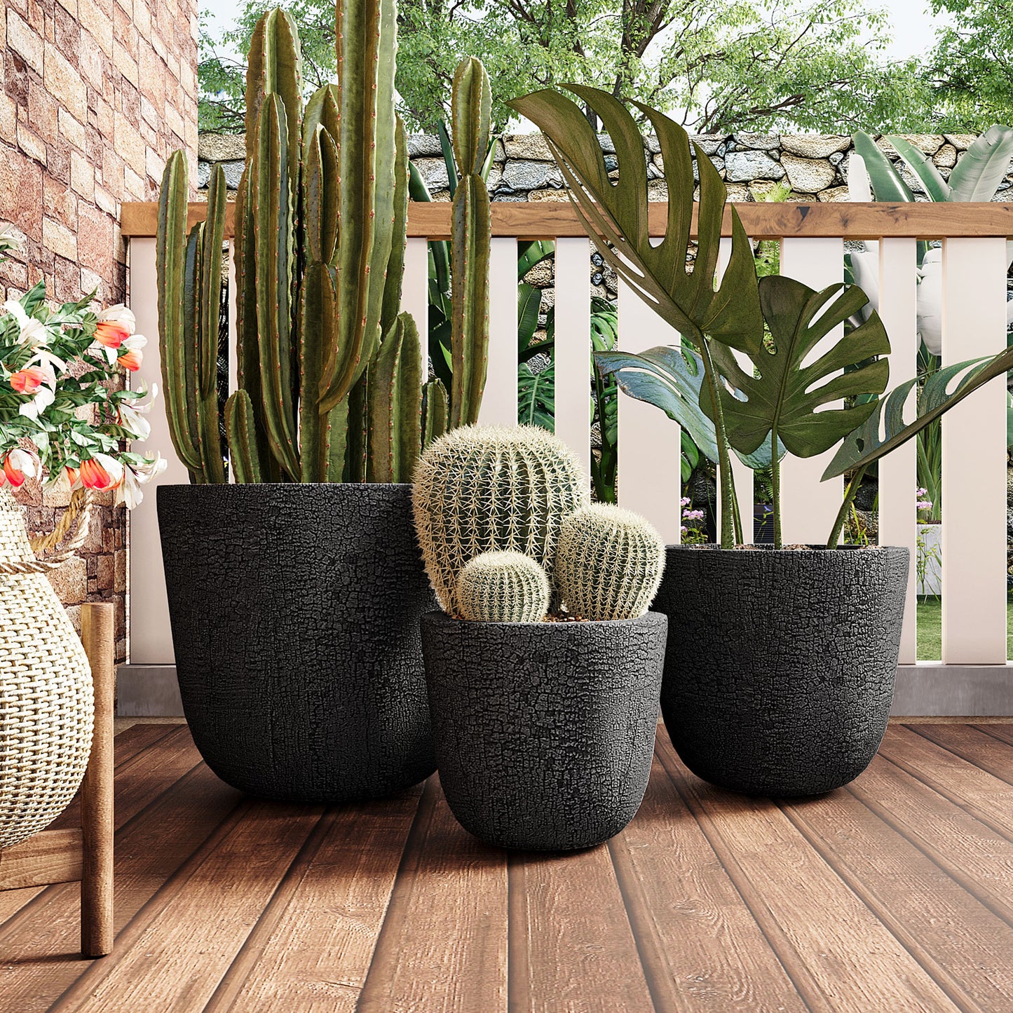 U_STYLE Lightweight MGO Planter Set of 3,16.93"+13.78"+11.02" Dia Round Concrete Stackable Flower Pots with Drainage Holes and Rubber Plug,Crackle Stone Texture for Patio Garden Balcony Indoor Outdoor image 1