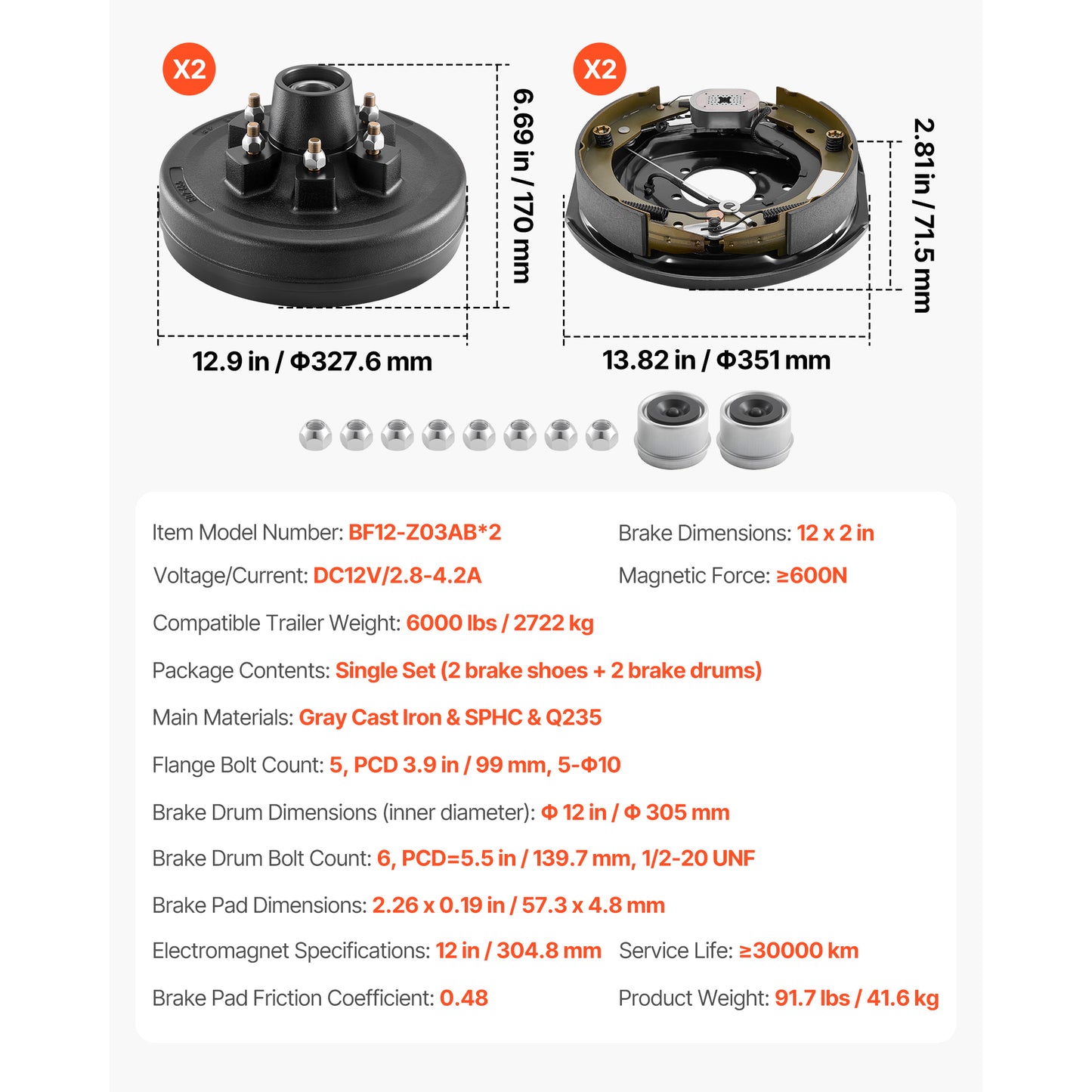 Electric Trailer Brake Assembly, 12 x 2 Inch, 1 Pair Self-Adjusting Electric Brakes Kit for 6000 lbs Trailer Axle, Backing Plates for Braking System Part Replacement, Fit for Trailers, RVs image 11