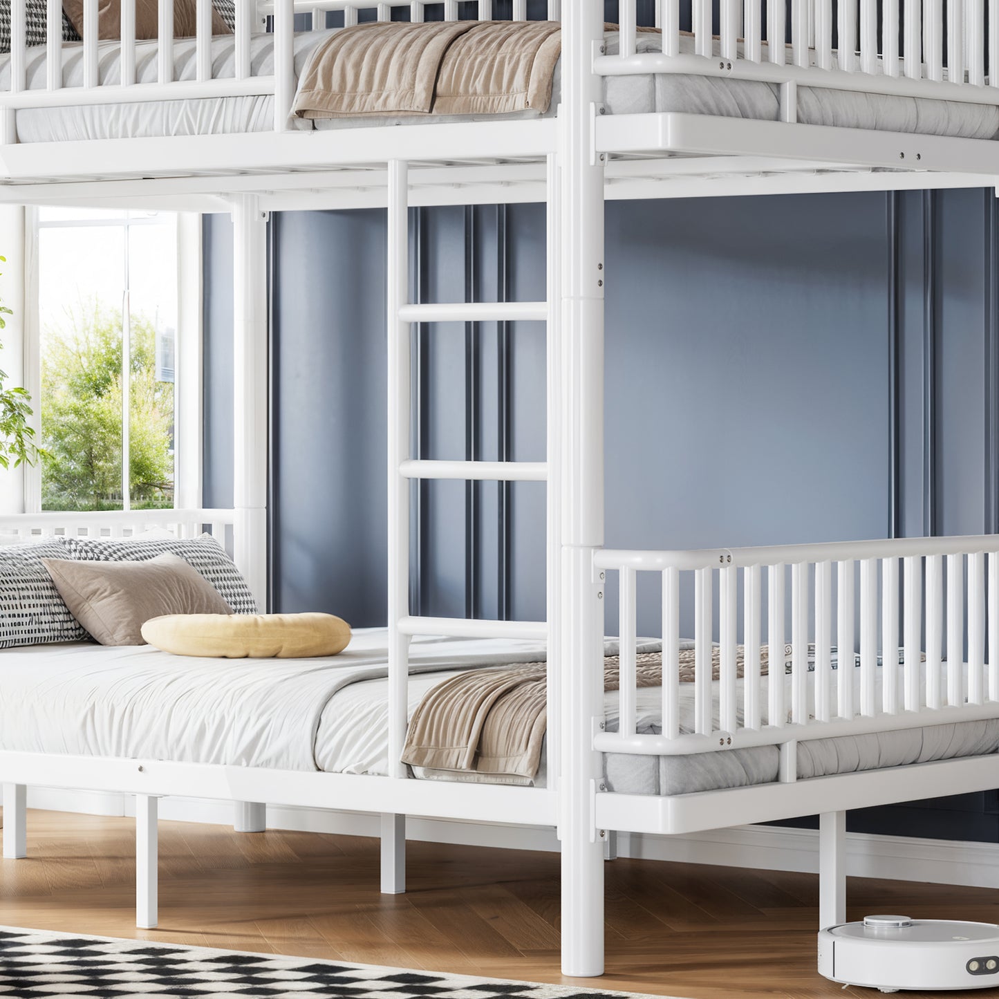Queen over Queen Bunk Bed with Ladders & Guardrails, Metal Bunk Bed Frame with Upgraded Safety Round-Pipe Design, Can Transformed into 2 Platform Bed, White image 10
