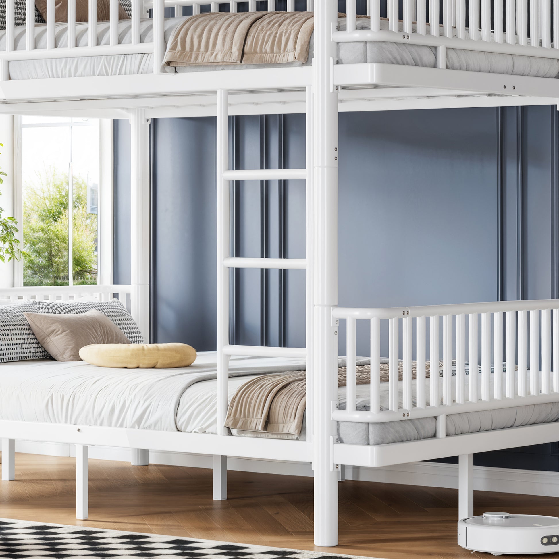 Queen over Queen Bunk Bed with Ladders & Guardrails, Metal Bunk Bed Frame with Upgraded Safety Round-Pipe Design, Can Transformed into 2 Platform Bed, White image 10
