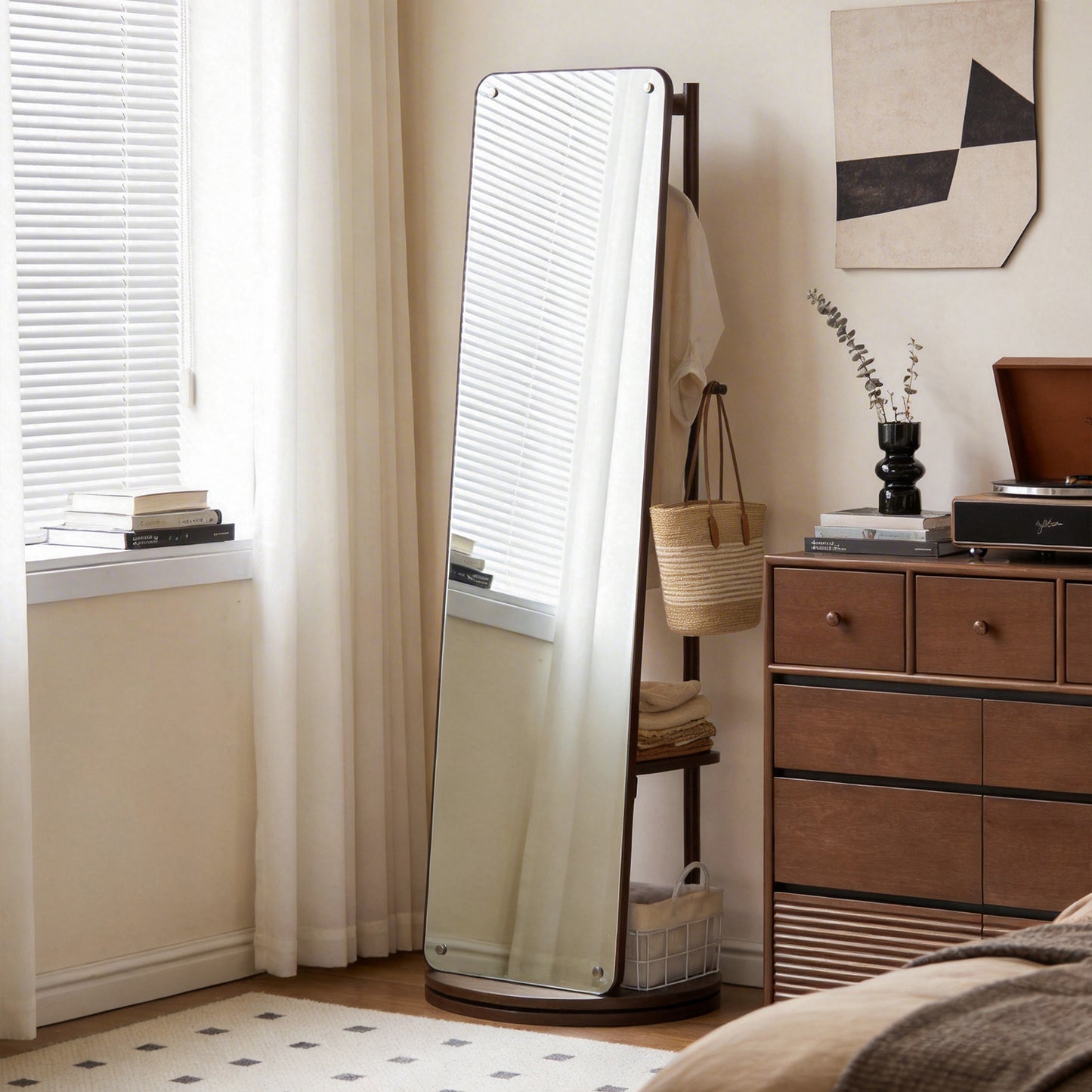 Rotating Full Length Mirror with Clothes Rack, Freestanding Solid Wood Storage Mirror for Bedroom Living Room image 9