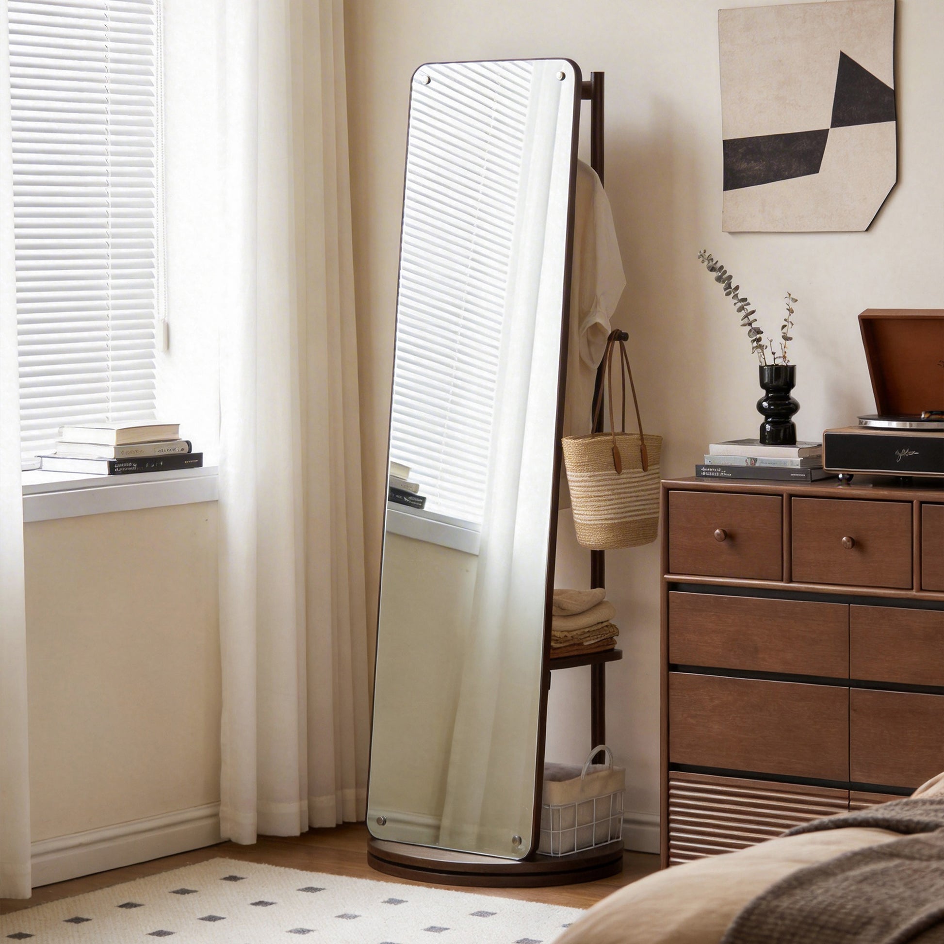 Rotating Full Length Mirror with Clothes Rack, Freestanding Solid Wood Storage Mirror for Bedroom Living Room image 9