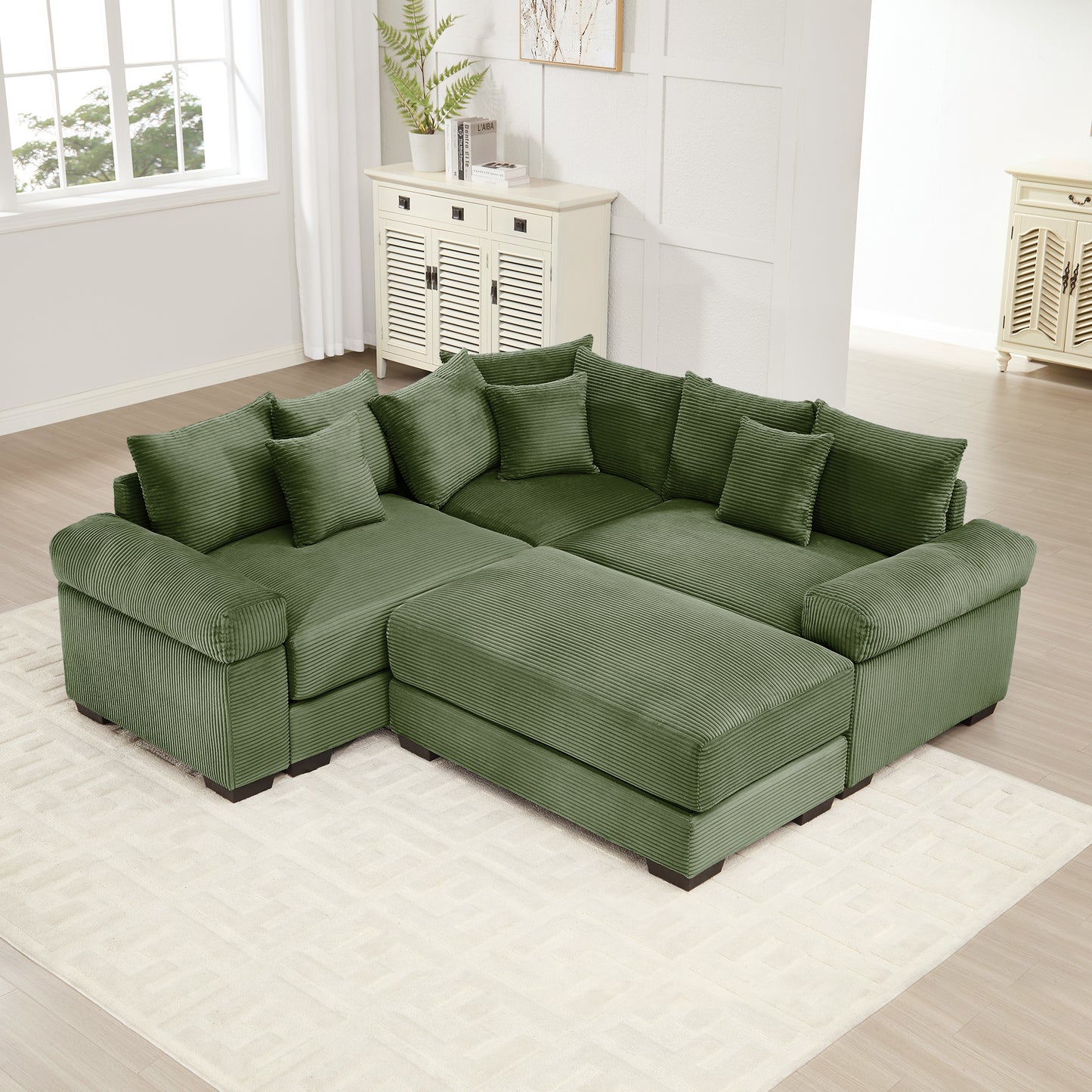 Oversized Cloud Modular Sectional Couch, Convertible Sectional Couches,Extra-Thick Armrests With An Ottoman,Soft Corduroy Fabric, Ergonomic Design,Easy Assembly,For Living Rooms Reading Rooms,Green image 1