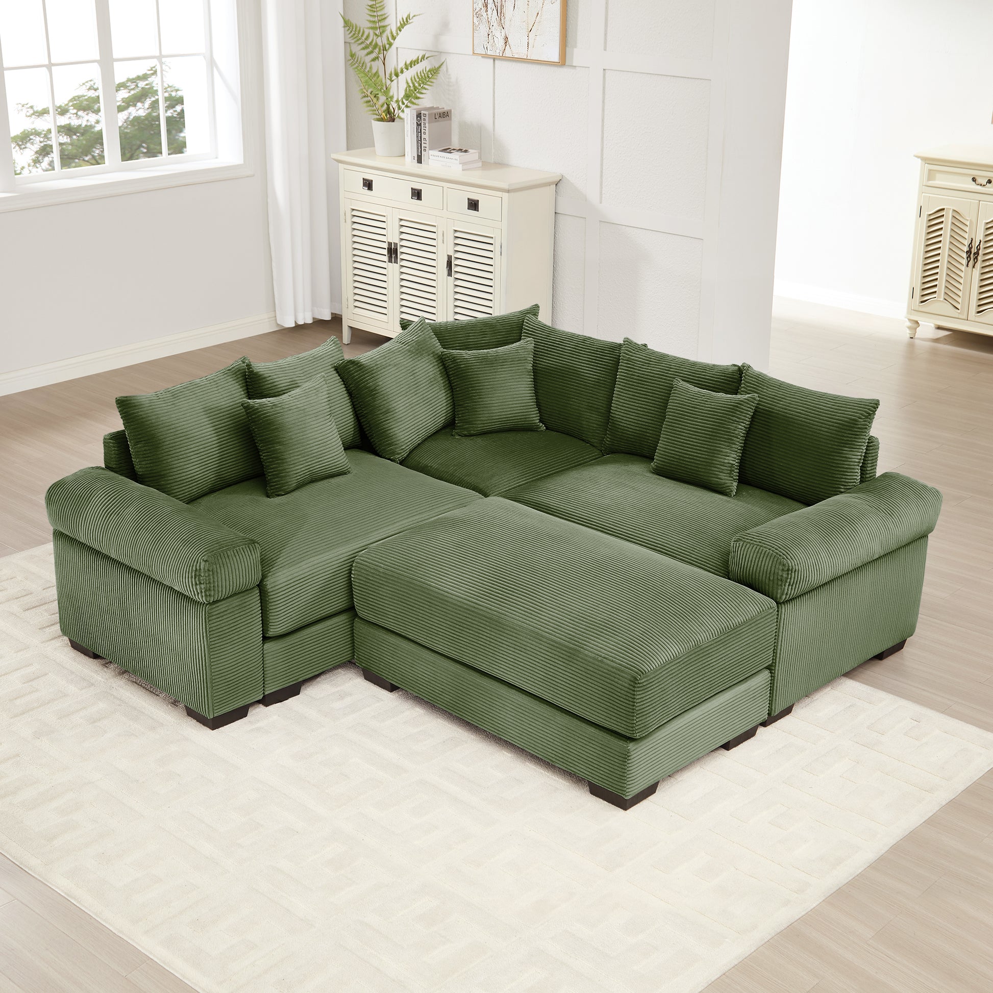 Oversized Cloud Modular Sectional Couch, Convertible Sectional Couches,Extra-Thick Armrests With An Ottoman,Soft Corduroy Fabric, Ergonomic Design,Easy Assembly,For Living Rooms Reading Rooms,Green image 1