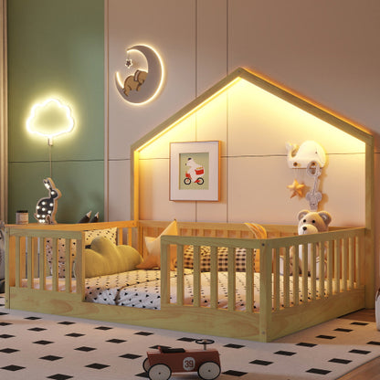 Full Floor Bed with High Rails, Wooden Montessori Bed with Light for Kids, Boys and Girls,Natural(Old SKUW2593P440609 Expect Arrival Date 2026/6/30) image 2