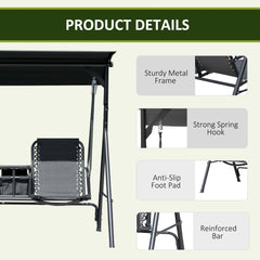 Outsunny 2-Seat Patio Swing Chair, Outdoor Canopy Swing Glider with Pivot Storage Table, Cup Holder, Adjustable Shade, Bungie Seat Suspension and Weather Resistant Steel Frame, Black