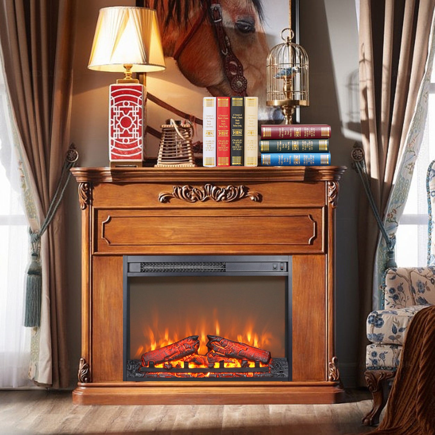 23 inch electric fireplace insert heater with log set & realistic flame, overheating protection without control image 5