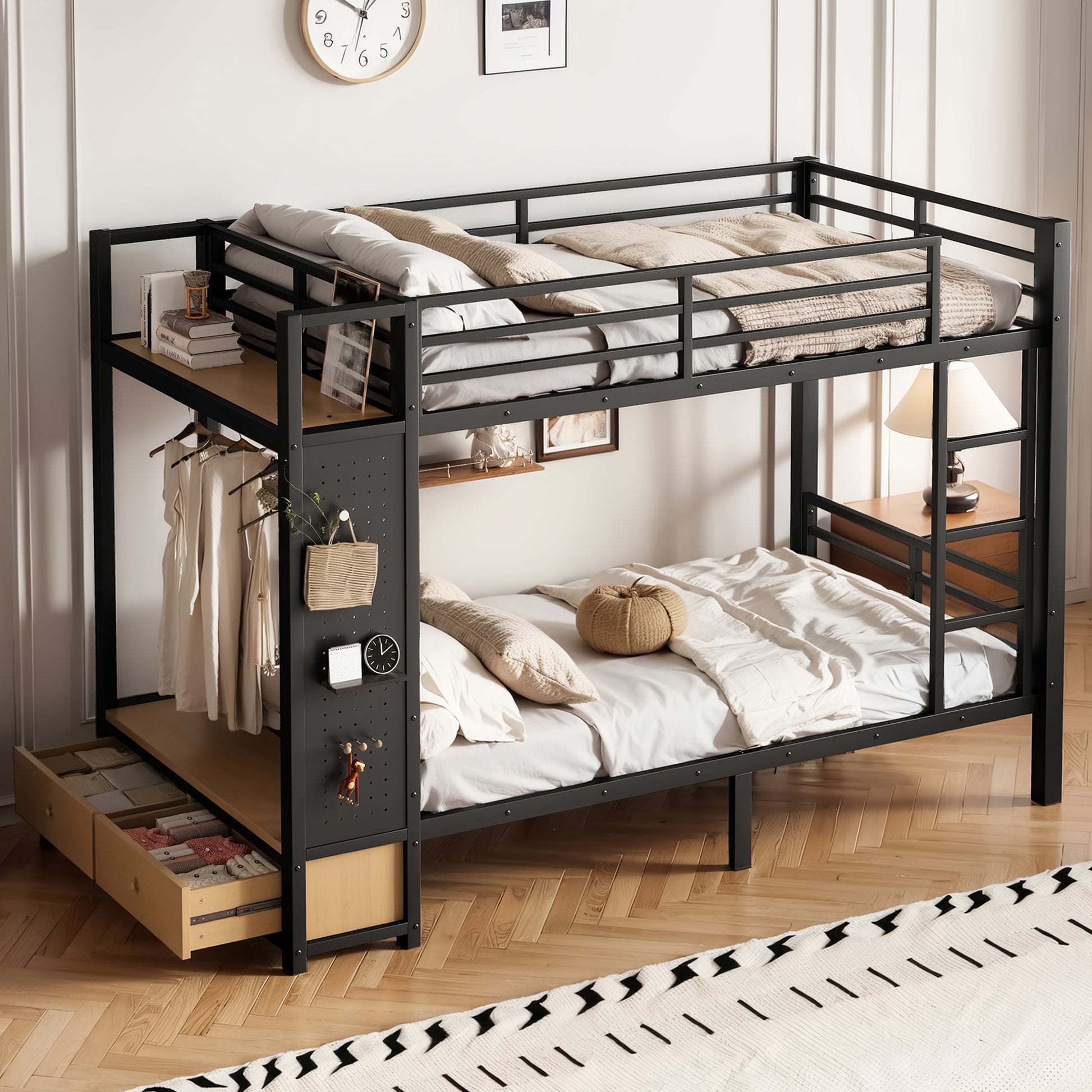 Twin XL over Twin XL size Metal Bunk Bed for Teens with Storage Shelves,Drawers and Pegboard,Black image 2