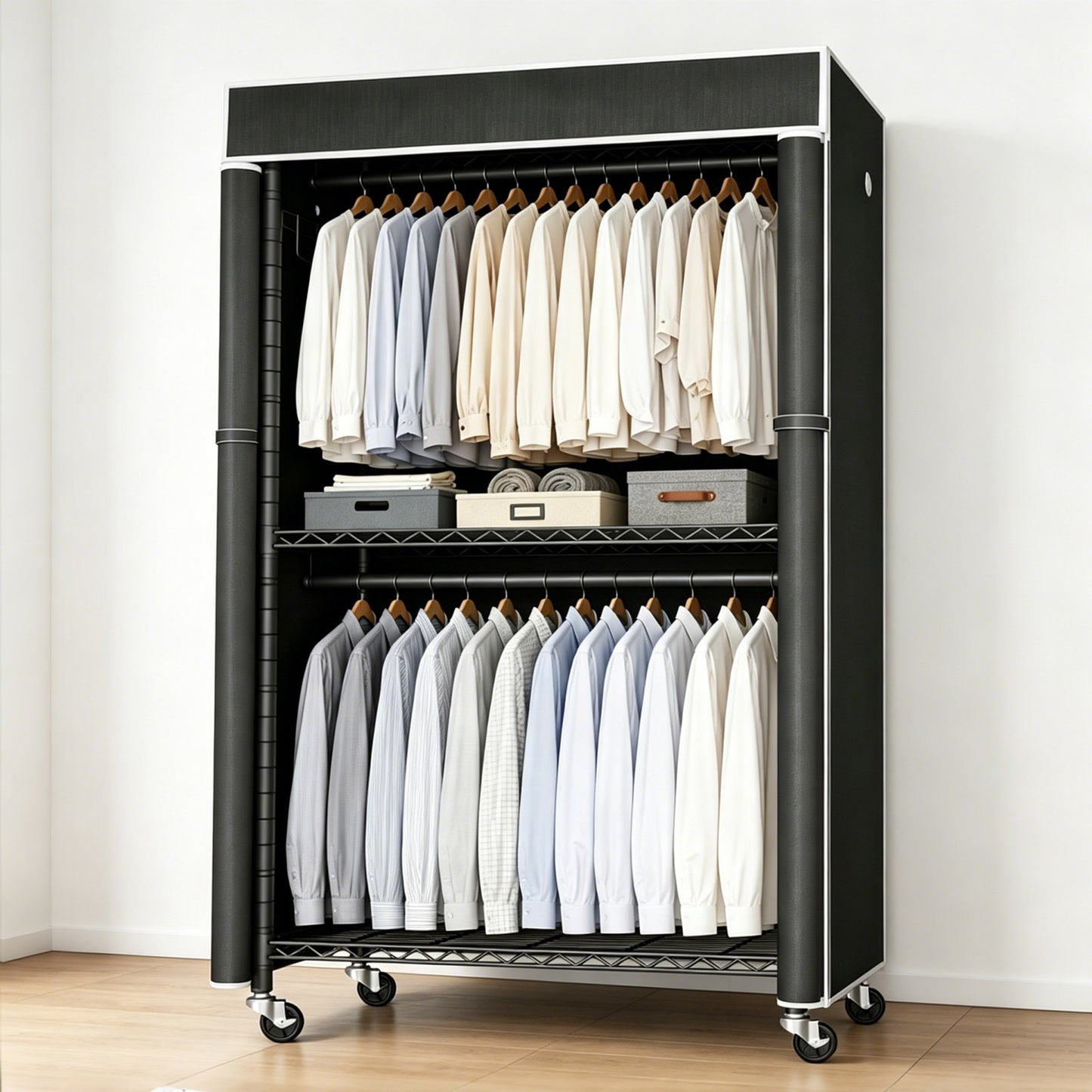 Freestanding Garment Rack with Dust Cover, Single Hanging Rod Metal Clothes Closet with Storage Shelf, Side Hooks & Rolling Wheels, Portable Clothing Wardrobe Organizer for Bedroom Storage image 7