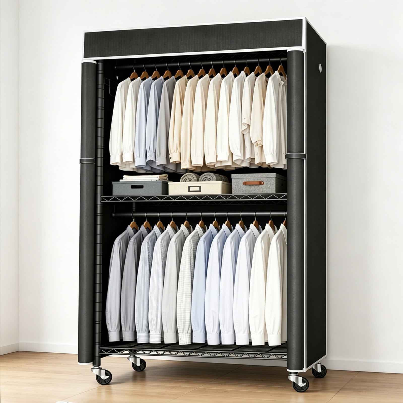 Freestanding Garment Rack with Dust Cover, Single Hanging Rod Metal Clothes Closet with Storage Shelf, Side Hooks & Rolling Wheels, Portable Clothing Wardrobe Organizer for Bedroom Storage image 7