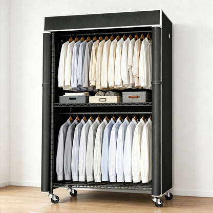 Freestanding Garment Rack with Dust Cover, Single Hanging Rod Metal Clothes Closet with Storage Shelf, Side Hooks & Rolling Wheels, Portable Clothing Wardrobe Organizer for Bedroom Storage image 7