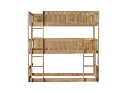 Twin Size Triple Rubber Wood Bunk Bed, with Ladders, Guardrails Detachable Bunk Bed, Twin over Twin over Twin,Natural image 2