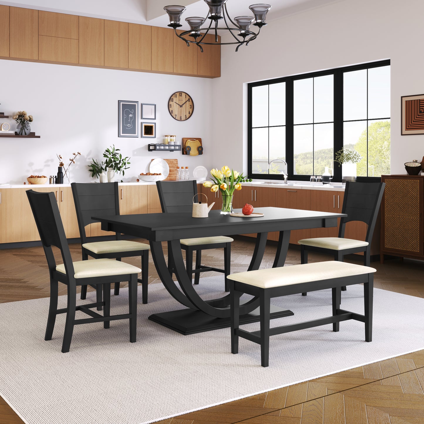 TOPMAX 6-Piece Wood Half Round Dining Table Set Kitchen Table Set with Long Bench and 4 Dining Chairs, Modern Style, Gray image 8