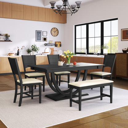 TOPMAX 6-Piece Wood Half Round Dining Table Set Kitchen Table Set with Long Bench and 4 Dining Chairs, Modern Style, Gray image 8