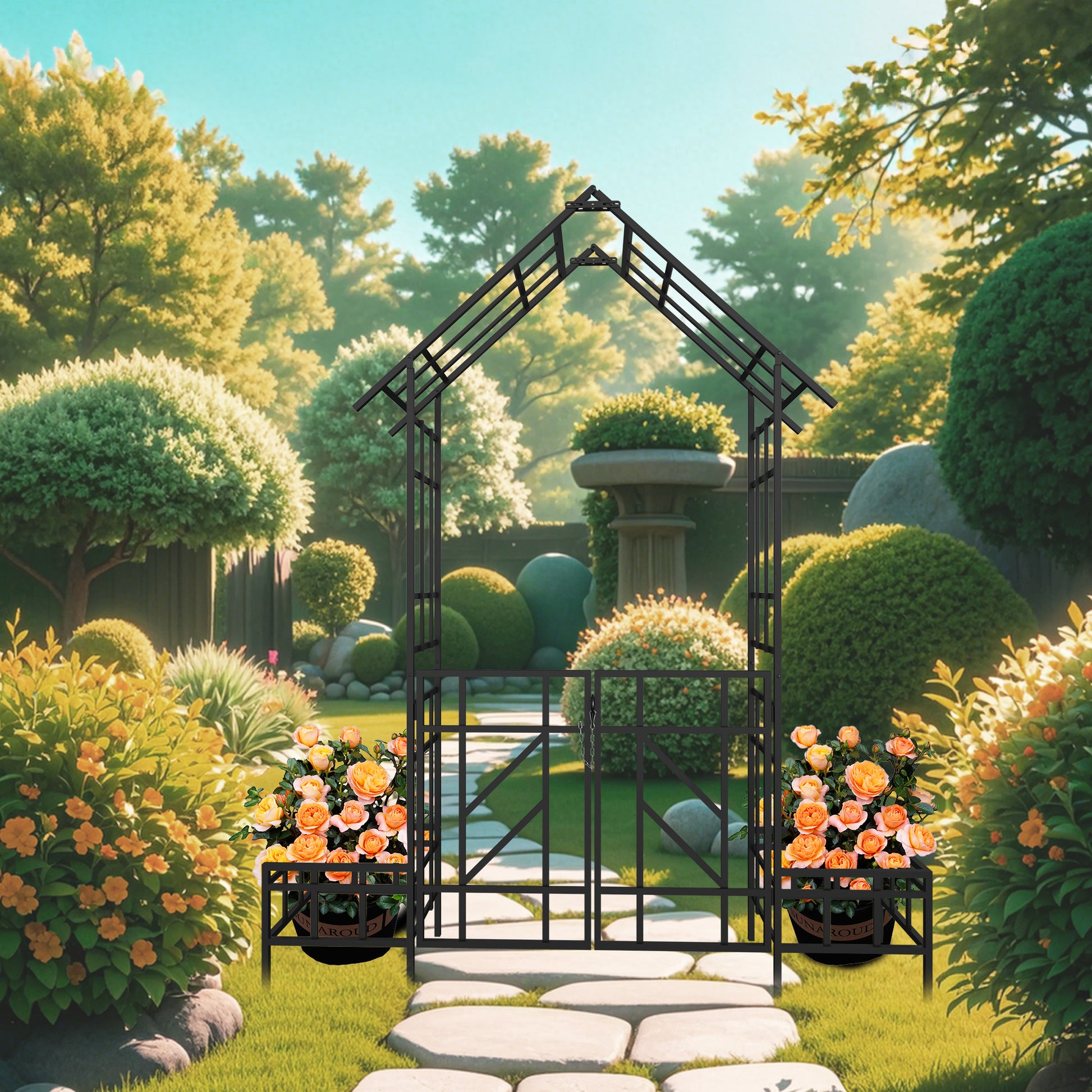 Metal Garden Arch with Gate with planter W80.71*H97.24 Climbing Plants Support Rose Arch Outdoor Black image 7