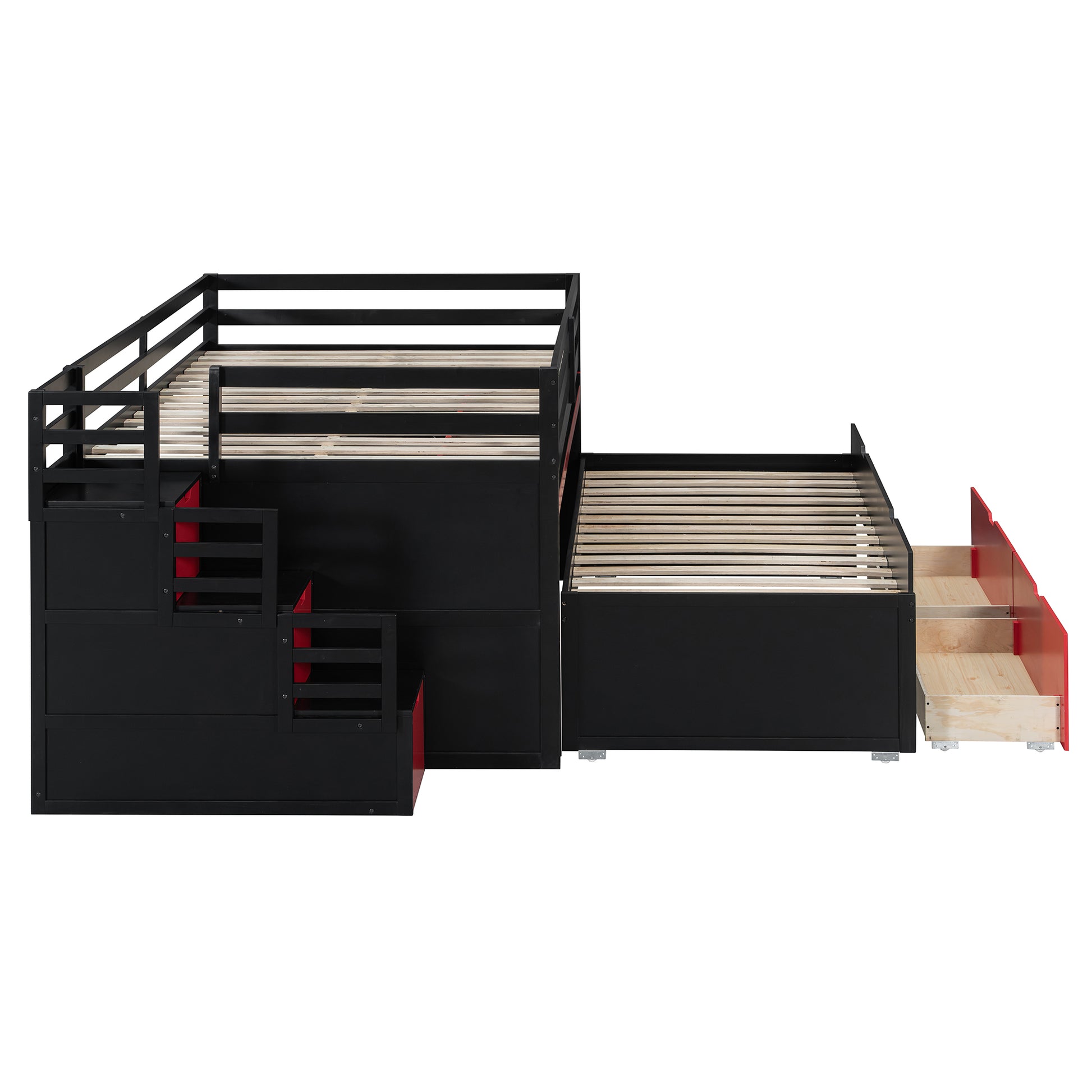 Full XL Loft Bed with Pull-Out Desk and Twin Trundle, Multi-Functional Bunk Bed with 2 Storage Drawers and Storage Steps, Space-Saving Gaming & Workstation Bedframe, Black+Red image 9