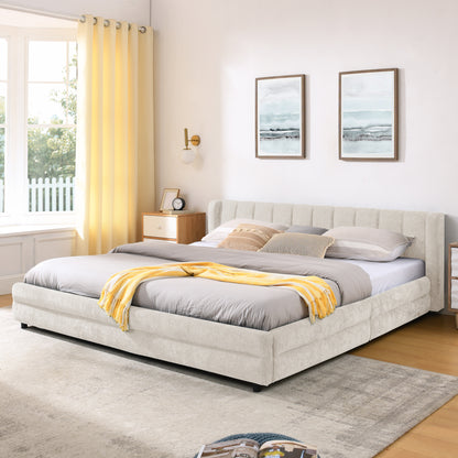 King Size Upholstered Bed Frame with Thick Fabric, comfortable upholstered bed frame, Chenille fabric, with headboard and solid bed frame. With drawer for storage-Beige(86.5''*84''*29.5'') image 2