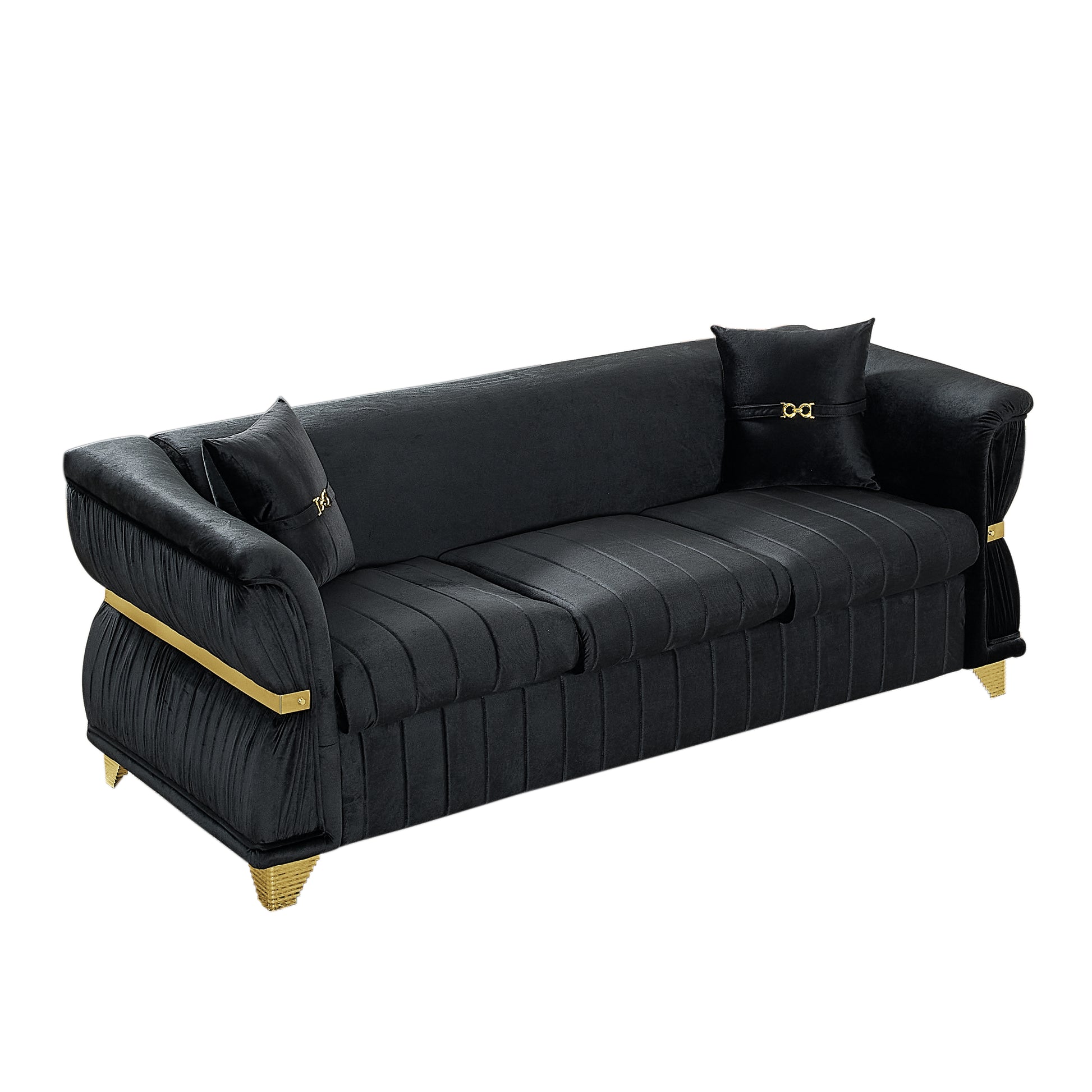 83.5"Modern Velvet 3-Seater Sofa with 2 Pillows, Upholstered Accent Couch with Gold Metal Trim, Tapered Gold-Tone Legs & Curved Armrests for Living Room, Bedroom & Apartment, Black image 11