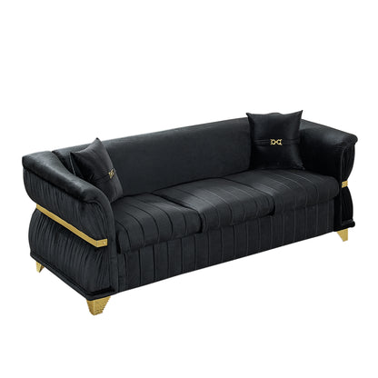 83.5"Modern Velvet 3-Seater Sofa with 2 Pillows, Upholstered Accent Couch with Gold Metal Trim, Tapered Gold-Tone Legs & Curved Armrests for Living Room, Bedroom & Apartment, Black image 11